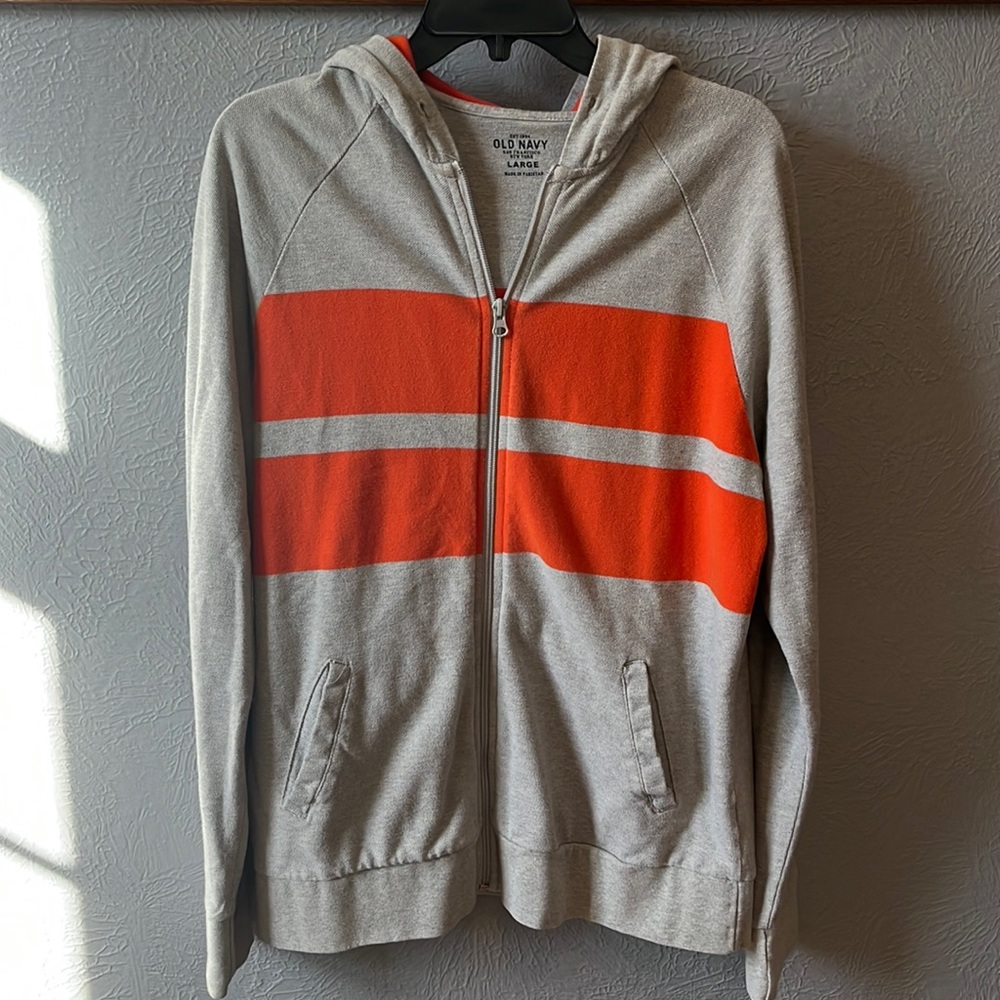 Men’s Gray and Orange Stripe Zip Hoodie Size Large Good Condition